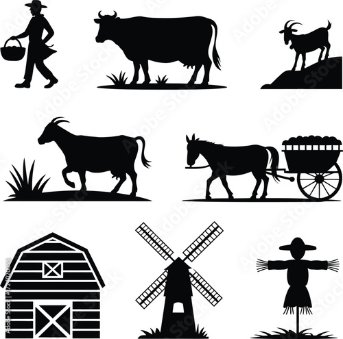 Farming Black Silhouette Vector Illustration Isolated