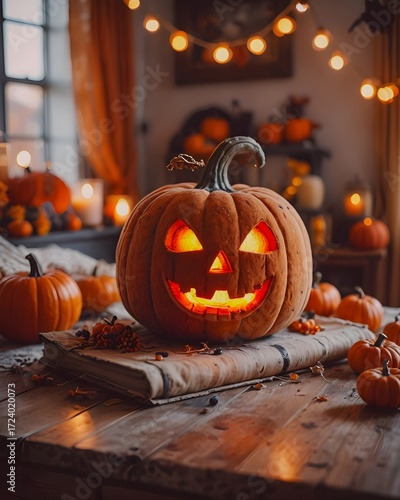 Halloween pumpkin made of plush toy. Realistic