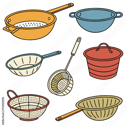 Colorful kitchen colanders and strainers collection, essential tools for home cooking, food preparation, and culinary arts