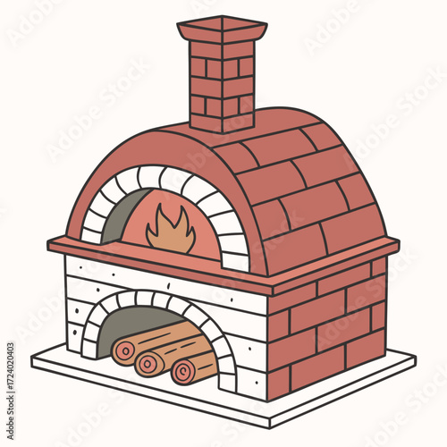 Cozy brick pizza oven with roaring fire and wood logs, perfect for restaurant menus, cooking illustrations, or culinary designs