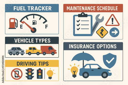 Car ownership infographic with sections on fuel maintenance vehicle types driving tips and insurance