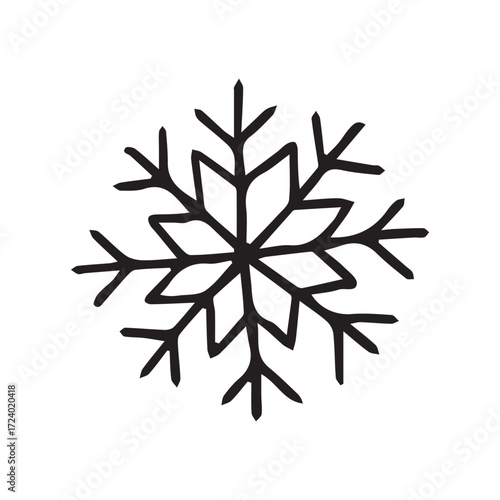 snowflake illustration in simple folk art style black and white graphic for seasonal design. Vector hand drawn illustration for postcards, logo, stikers, polygraphy and social media. Not AI