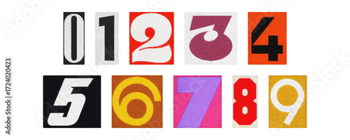 Magazine cutout numbers 0–9, colorful collage set on transparent PNG
