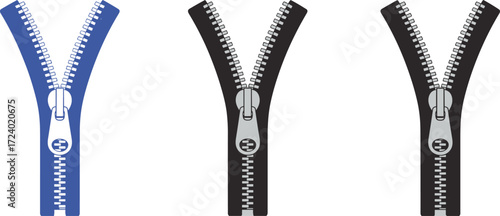Stylized zipper vector set, isolated zip icons, fashion fastener elements, realistic slider teeth, garment accessory design, editable illustration pack