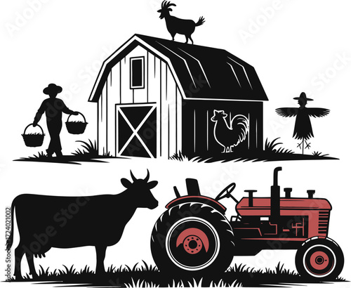 Vector Black Farm Life Illustration Art Isolated on Transparent Background