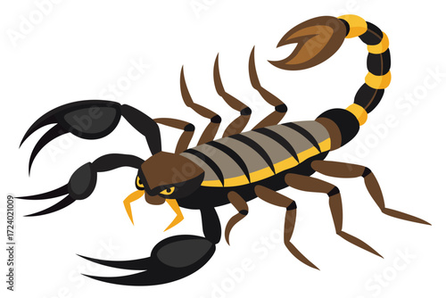 A black scorpion with brown legs displays its formidable claws and segmented tail