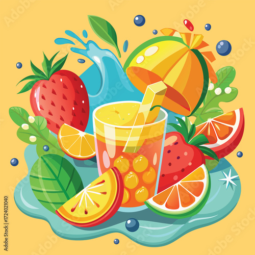 Refreshing summer fruit juice splash with strawberries oranges and mango