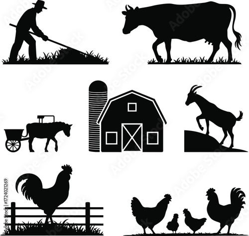 Farm Animal Illustration Set Black Vector Isolated