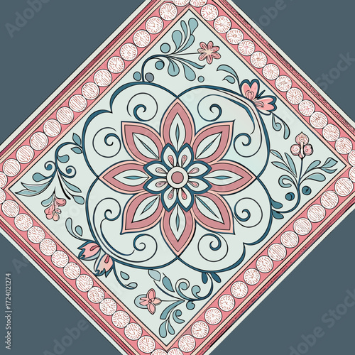 Floral design pattern tile vector art with vintage style pink and blue color palette for home decor ideas
