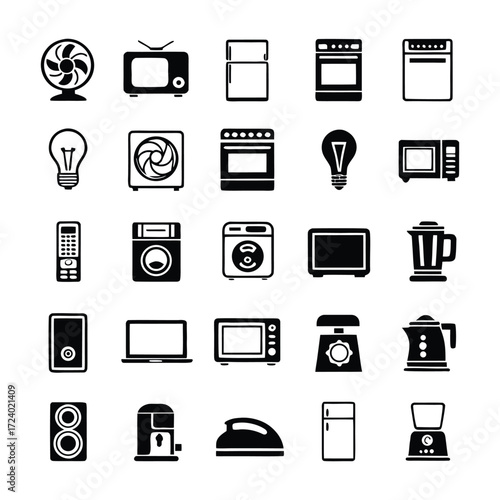 Collection of black and white silhouette icons representing various household appliances and electronics for everyday use and home comfort