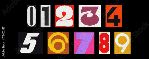 Vintage magazine number cutouts 0–9, bold collage against black
