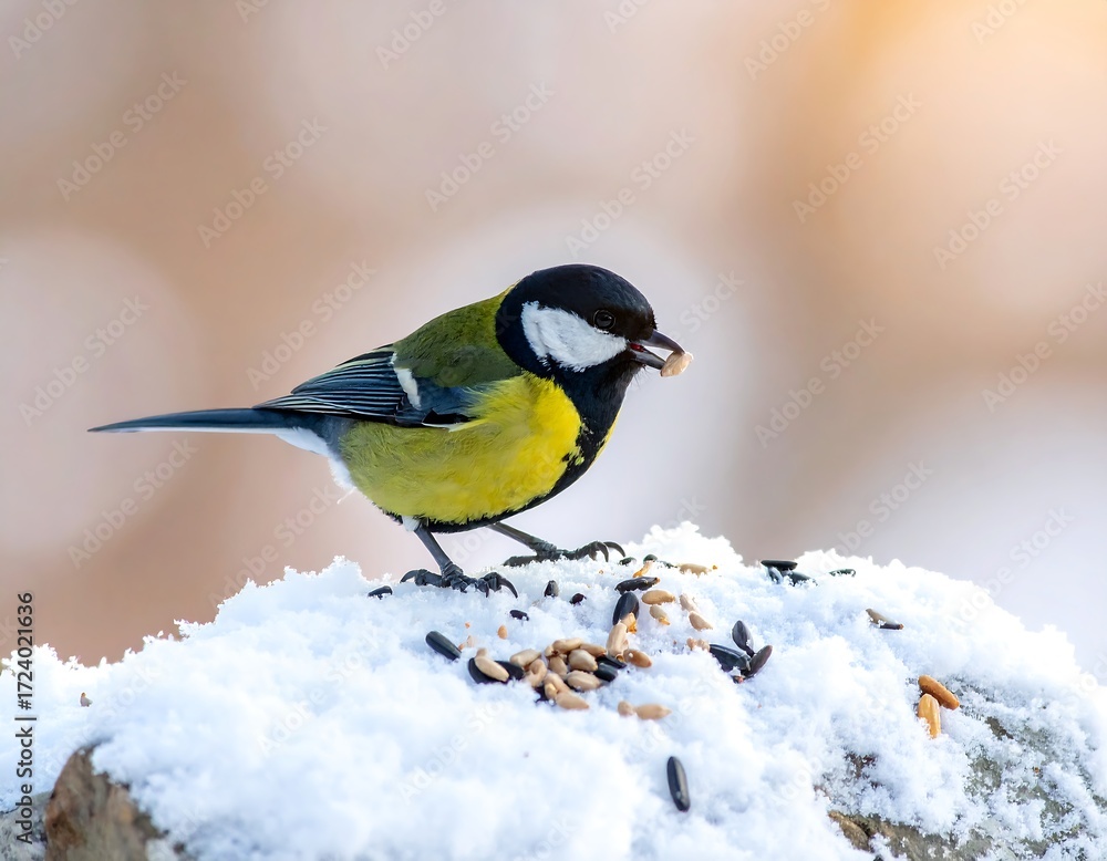 Obraz premium A small bird, likely a titmouse, perched on snow-covered rock, eating a seed