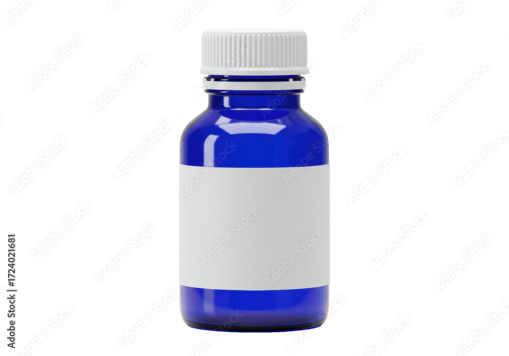 Obraz premium Isolated blue glass bottle with label and cap for medicine, cosmetics, liquid, product