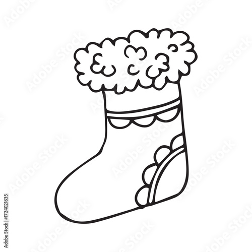 Christmas stocking drawing in simple hand-drawn black and white festive motif. Vector hand drawn illustration for postcards, logo, stikers, polygraphy and social media. 