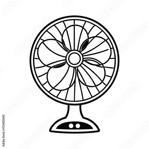 A simple black and white line drawing illustration of a vintage desk fan with a round oscillating head and a sturdy base perfect for retro design projects