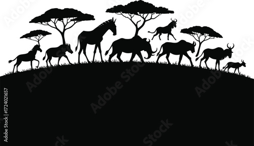 African Savannah Vector Illustration Isolated Black Art: Silhouette With Wildlife Landscape