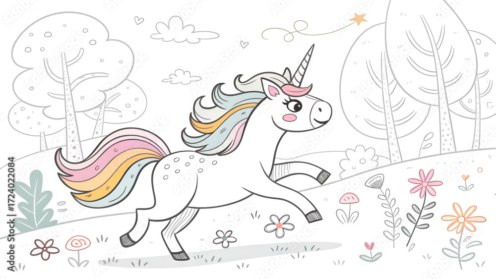 Obraz premium A unicorn with a colorful mane runs through a whimsical forest with flowers