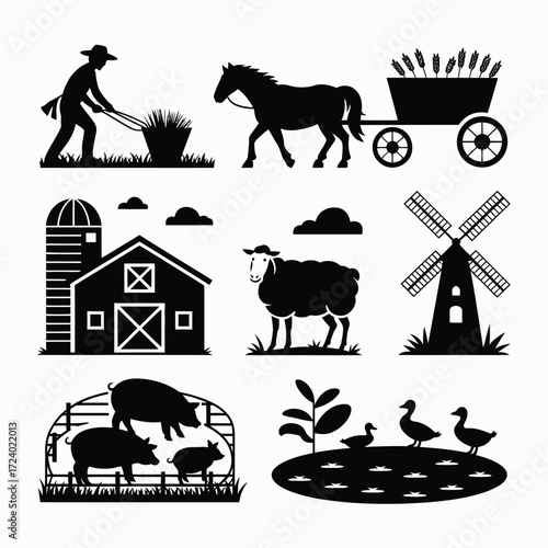 Farm Silhouette Vector Illustration Isolated Black Art