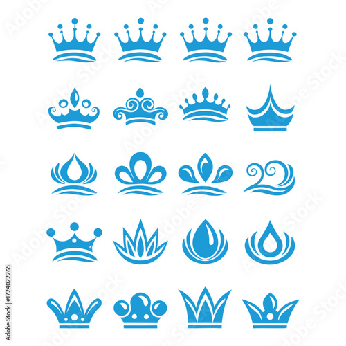Collection of elegant blue royal crowns and tiaras in various styles and designs symbolizing power royalty and luxury perfect for graphic design and branding