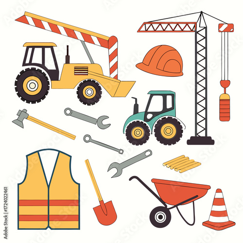 Construction site equipment and safety gear illustration