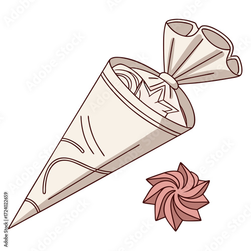Cream pastry bag with a rosette of pink icing on a black background for baking and decorating cakes and desserts with sweet frosting