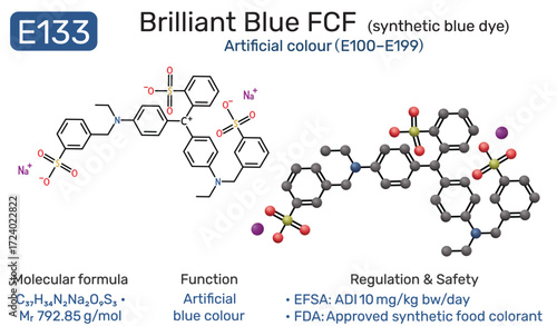 E133 brilliant blue FCF molecule food additive. Synthetic blue dye and artificial food colorant