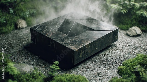 Mysterious Stone Artwork Surrounded by Lush Greenery and Mist