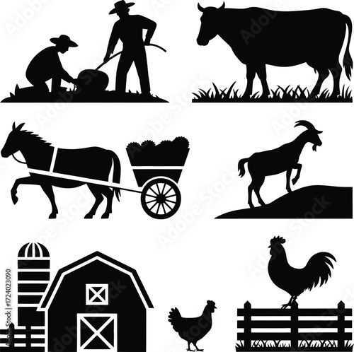 Farming Silhouettes Vector Art Isolated Black Animals and Workers Illustration