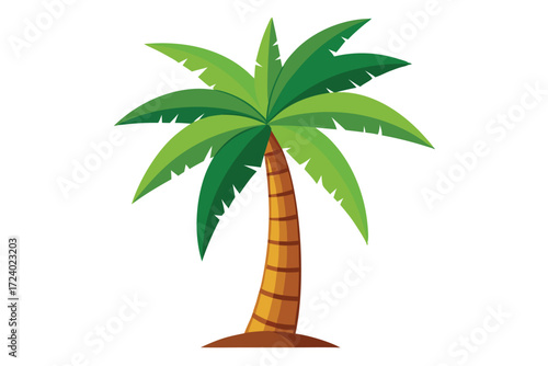 Cartoon palm tree with green fronds and a brown trunk stands against white