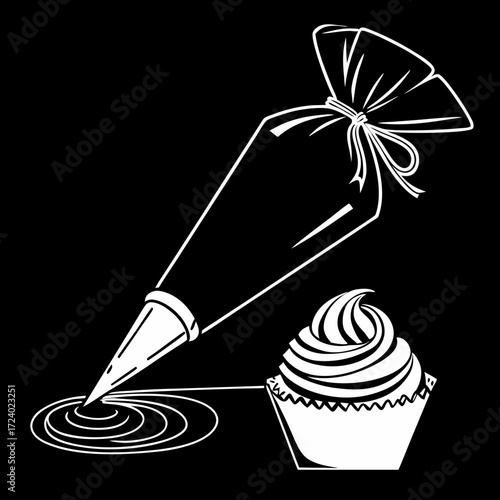 White outline of pastry bag decorating a cupcake with frosting on a black background