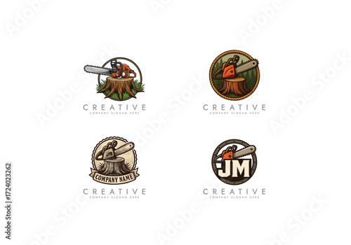 chainsaw logo tool, Chainsaw on Tree Stump Logo vector design 