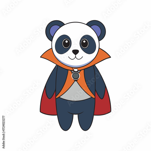Cartoon panda bear wearing a red cape with a silver brooch