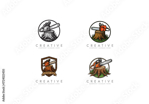 chainsaw logo tool, Chainsaw on Tree Stump Logo vector design 