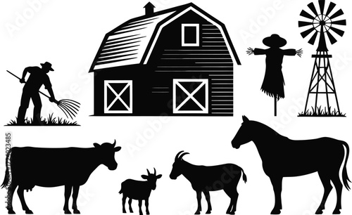 Farm Scene Illustration Vector Silhouette in Black Isolated