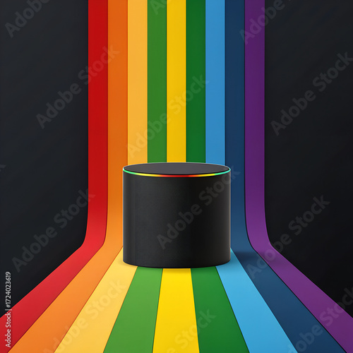 Black smart speaker on a black background with vertical rainbow stripes