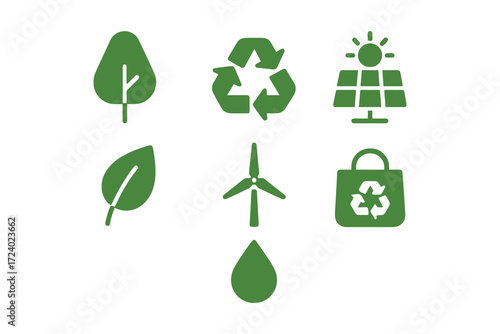 Collection of green environmental icons representing sustainability and renewable energy sources