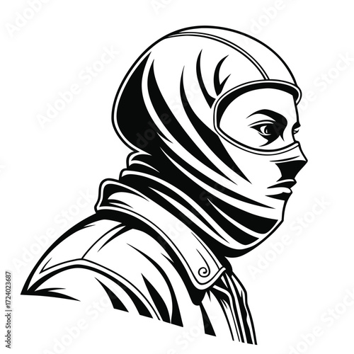 Illustration of a person wearing a balaclava and jacket in profile