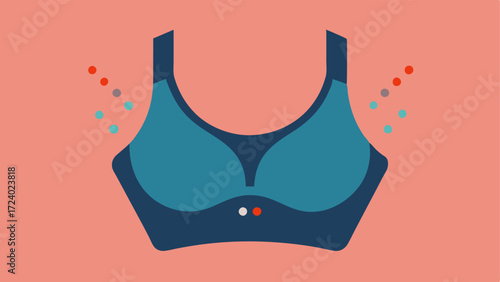 Dynamic Sports Bra A modern sports bra illustrated with integrated temperature sensors indicated by small dots that change color showcasing its ability to adjust heat during