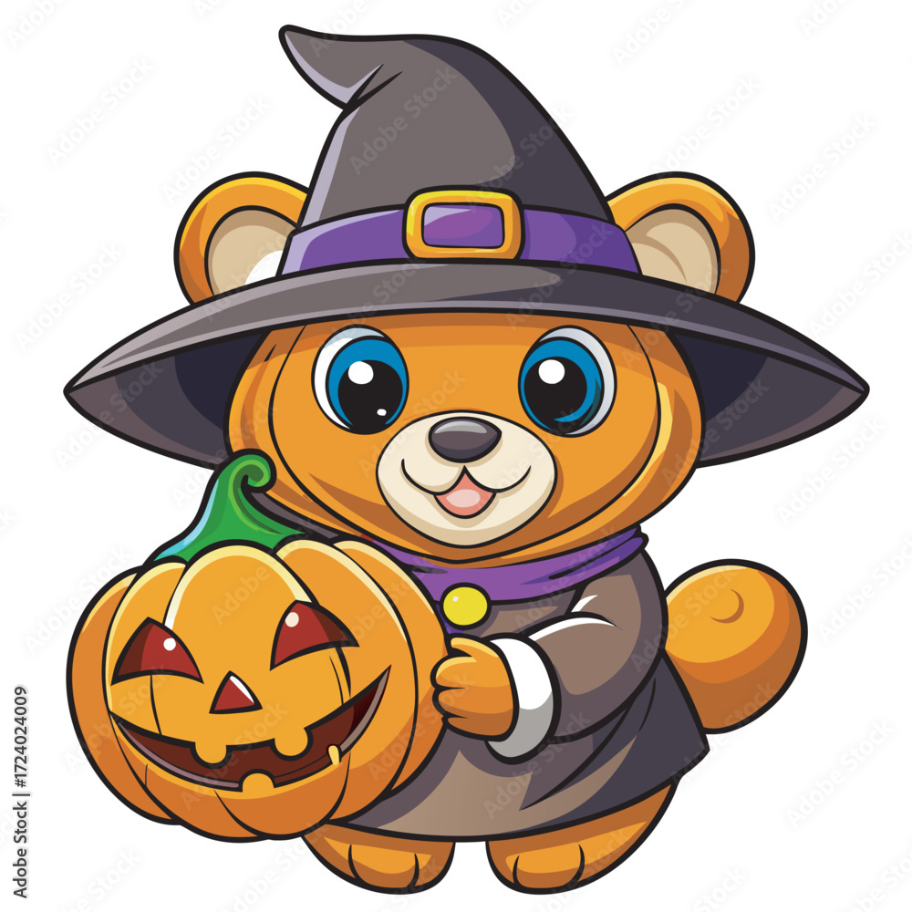Fototapeta premium Cute teddy bear wearing a witch hat and holding a jackolantern pumpkin