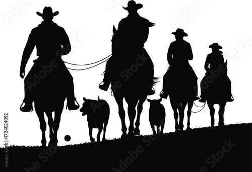 Cowboys Herding Livestock Silhouette Vector Illustration Isolated Art