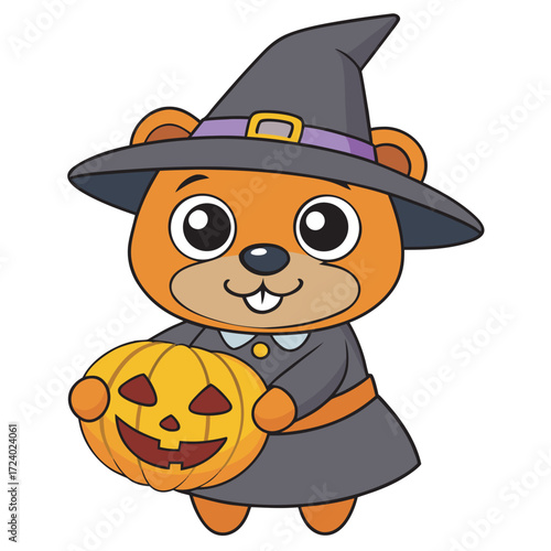 Adorable bear dressed as a witch holding a pumpkin