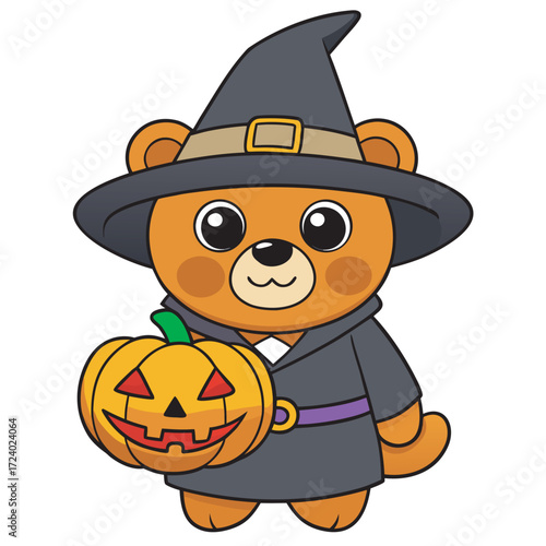 Cute teddy bear dressed as a witch holding a jackolantern