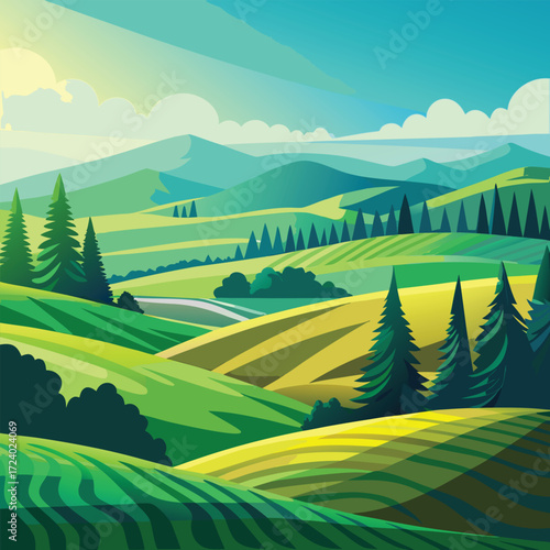 Vibrant green rolling hills and farmland under a bright blue sky