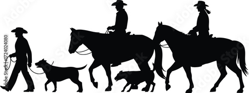 Cowboys Herding Livestock Silhouette Vector Illustration Isolated Black Art