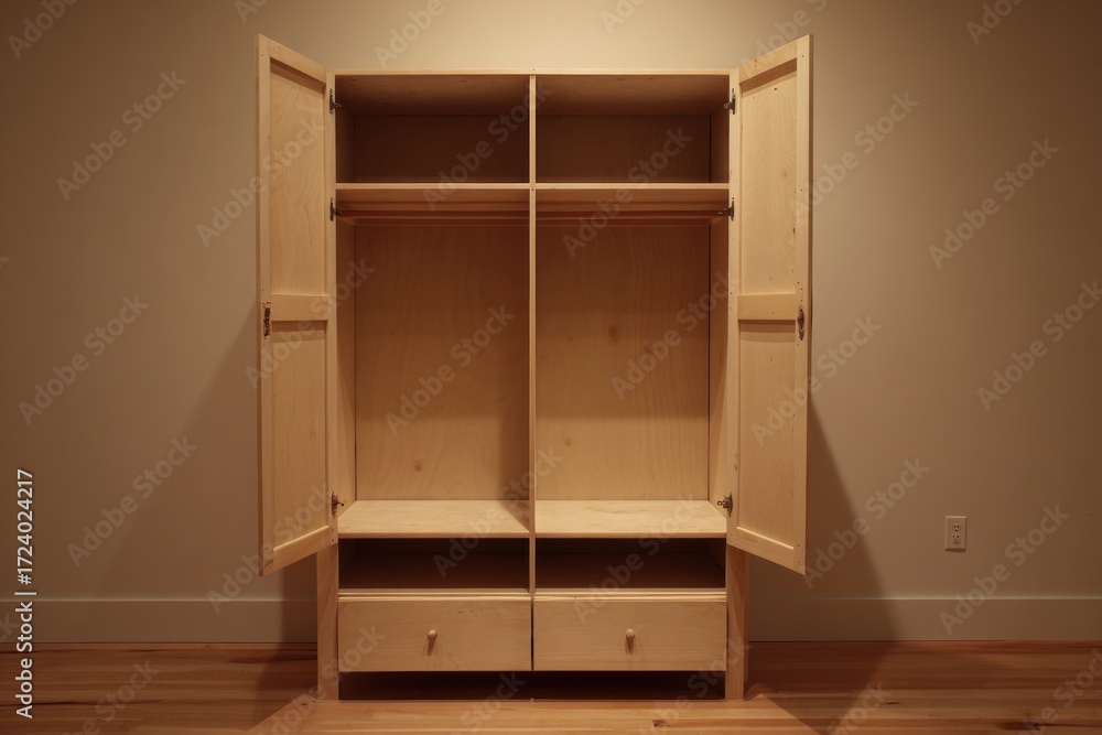 Fototapeta premium Light-colored wooden wardrobe, open, empty