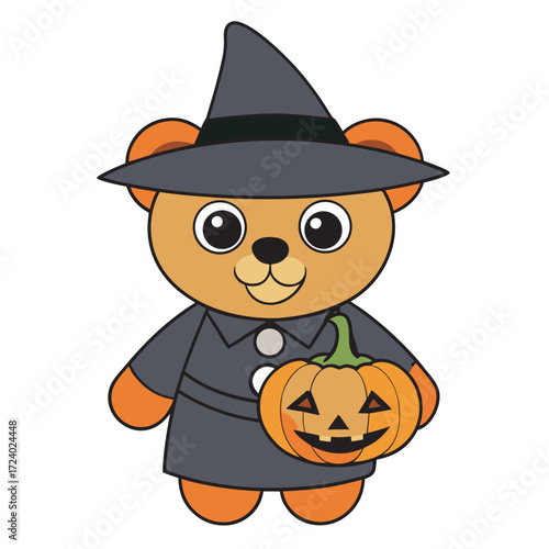 Cute teddy bear dressed as a witch holding a jackolantern