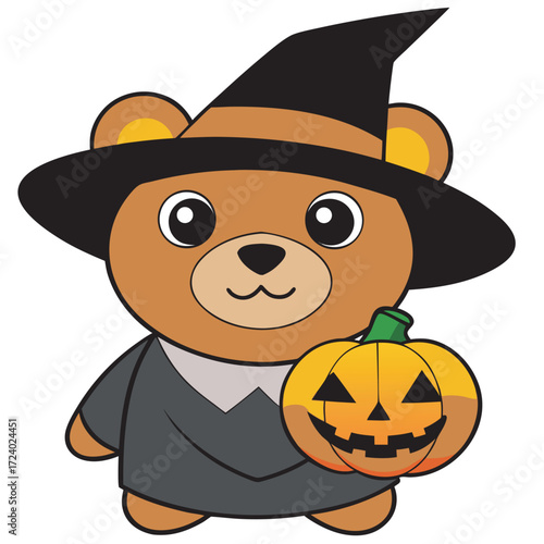 Adorable teddy bear dressed as a witch holding a pumpkin