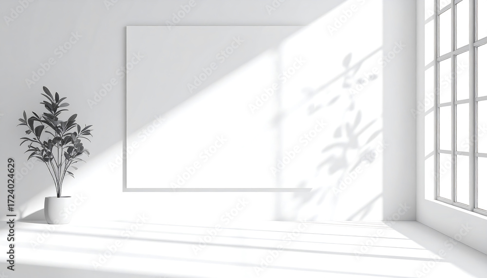Obraz premium Minimalist interior design scene featuring a blank horizontal canvas for mockup presentation, with natural light and plant shadows on a clean white wall