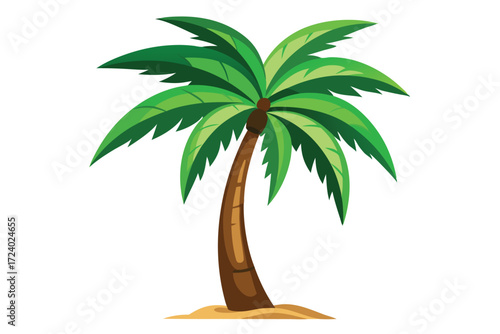 Solitary palm tree with green fronds stands tall on a sandy shore