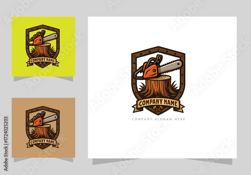 chainsaw logo tool, Chainsaw on Tree Stump Logo vector design 